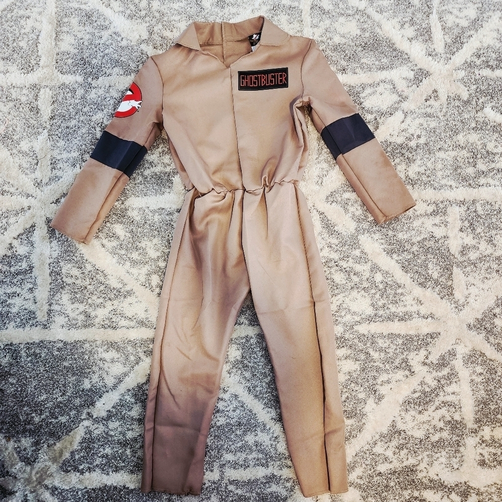 Ghostbuster Halloween Costume Kid's Size 6/7 Tan Jumpsuit Logo & Graphic EUC